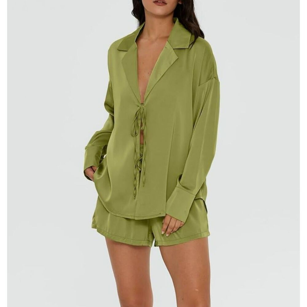 Light Olive Green Satin Tie Front Blouse & Shorts Set XL